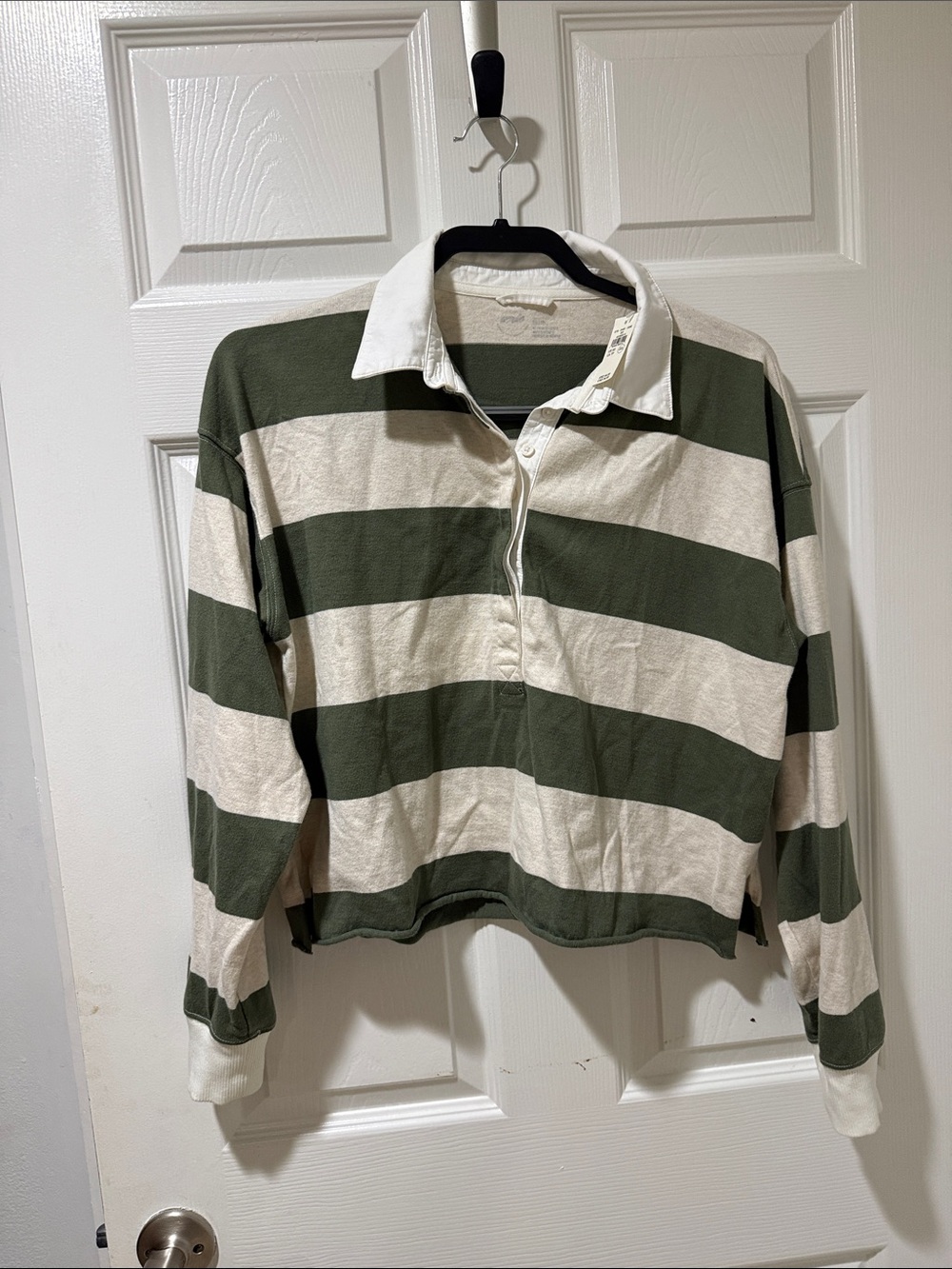 Women Olive & Cream Stripe Rugby-Style Hoodie